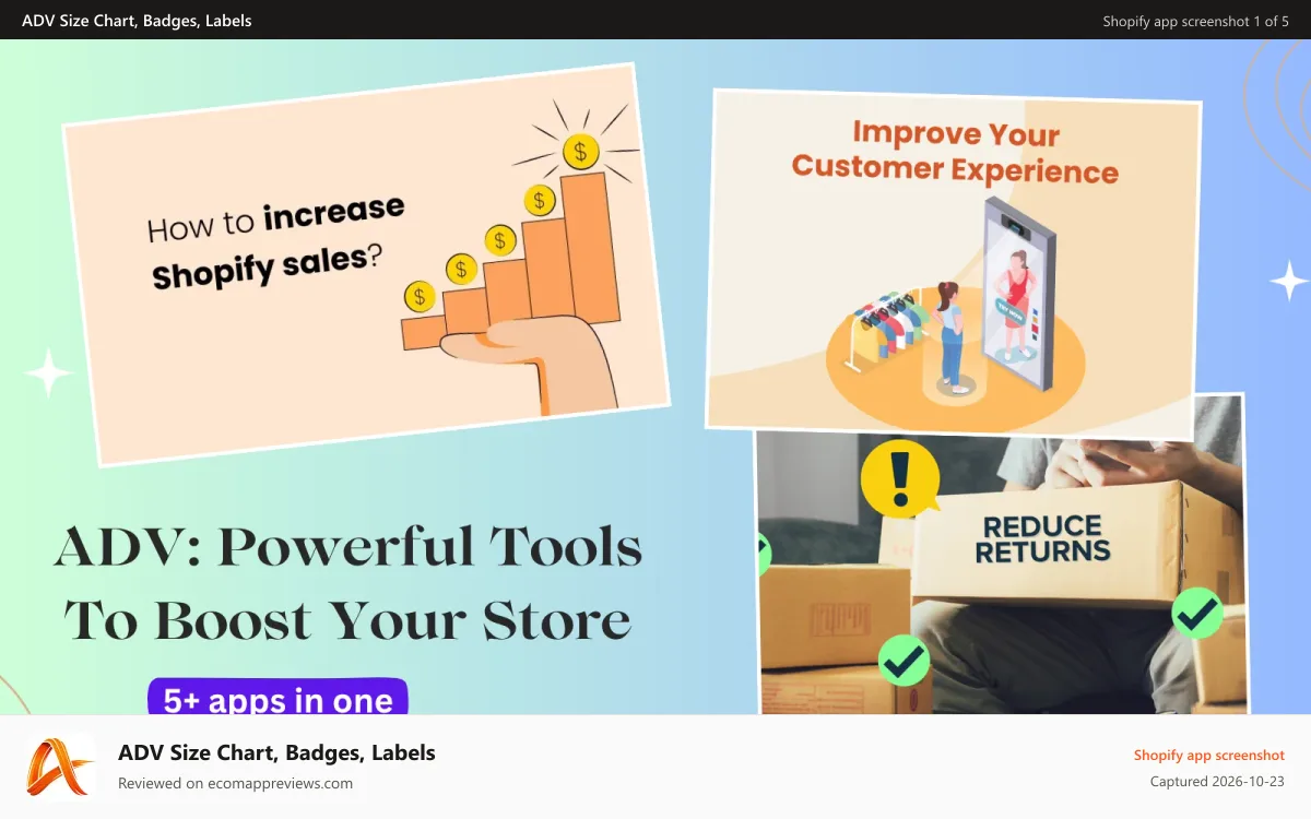 ADV Size Chart, Badges, Labels Shopify app screenshot: Shopify app to boost conversion and reduce product returns