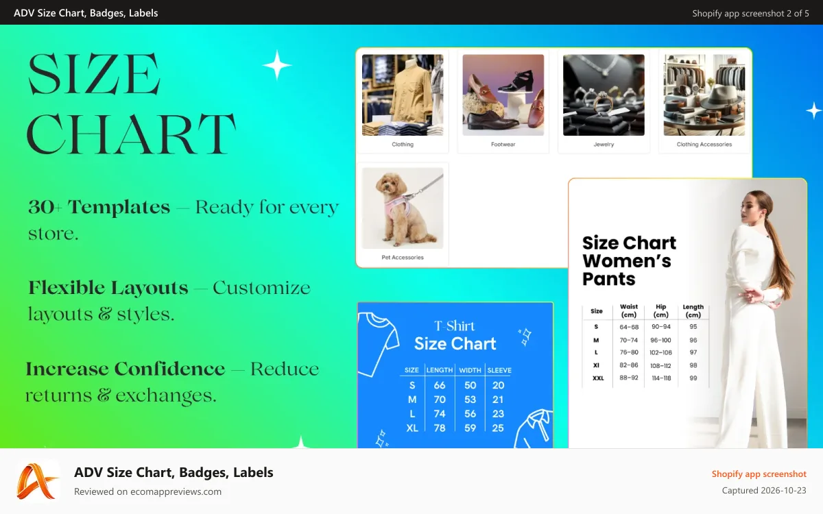 ADV Size Chart, Badges, Labels Shopify app screenshot: Size Chart: Shopify size charts, size guide to reduce returns