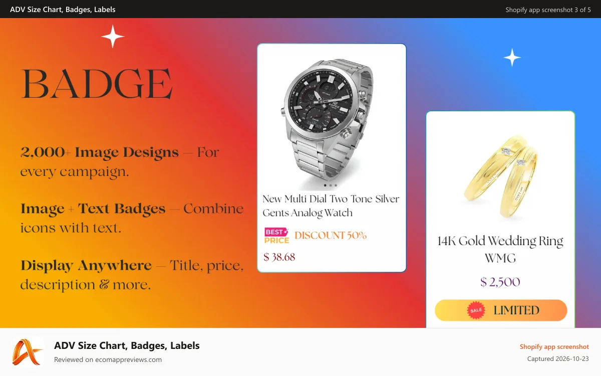 ADV Size Chart, Badges, Labels Shopify app screenshot: Badge: Shopify trust badges for customer confidence