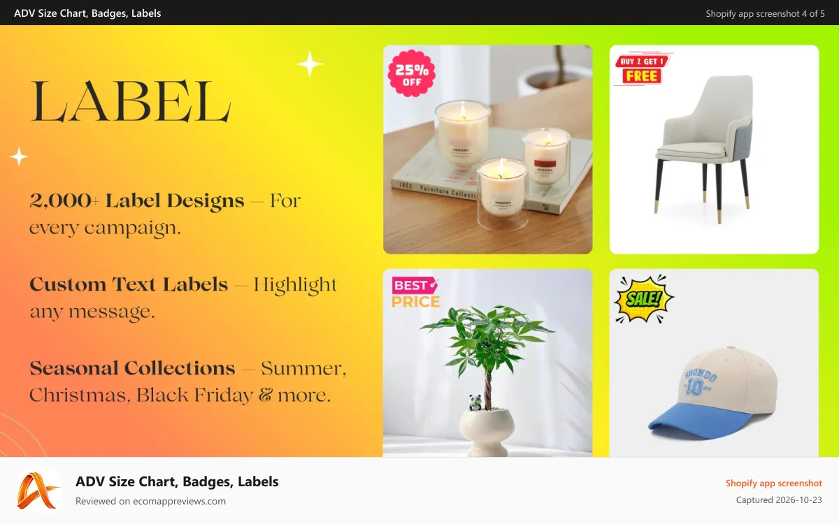 ADV Size Chart, Badges, Labels Shopify app screenshot: Label: Shopify product labels to increase sales