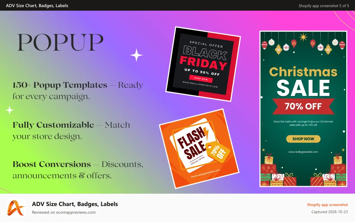 ADV Size Chart, Badges, Labels Shopify app screenshot: Popup: Shopify sales popups to boost conversion