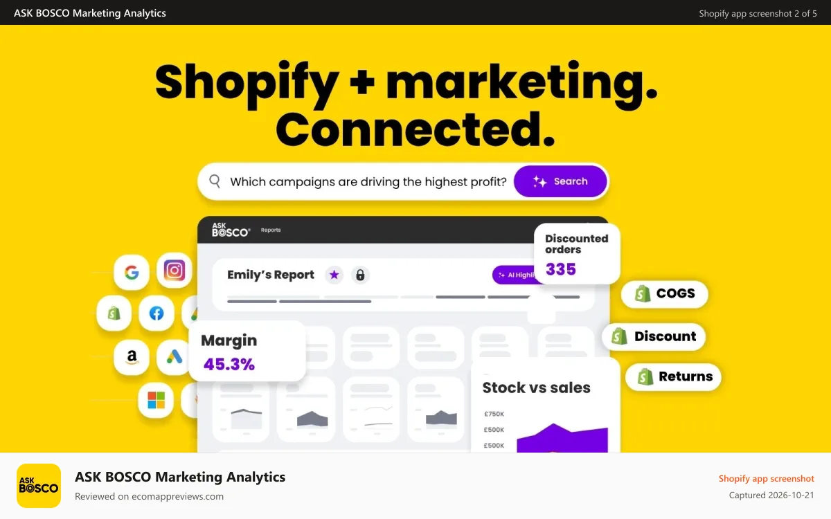 ASK BOSCO Marketing Analytics Shopify app screenshot: No more juggling spreadsheets. All your data in one place.