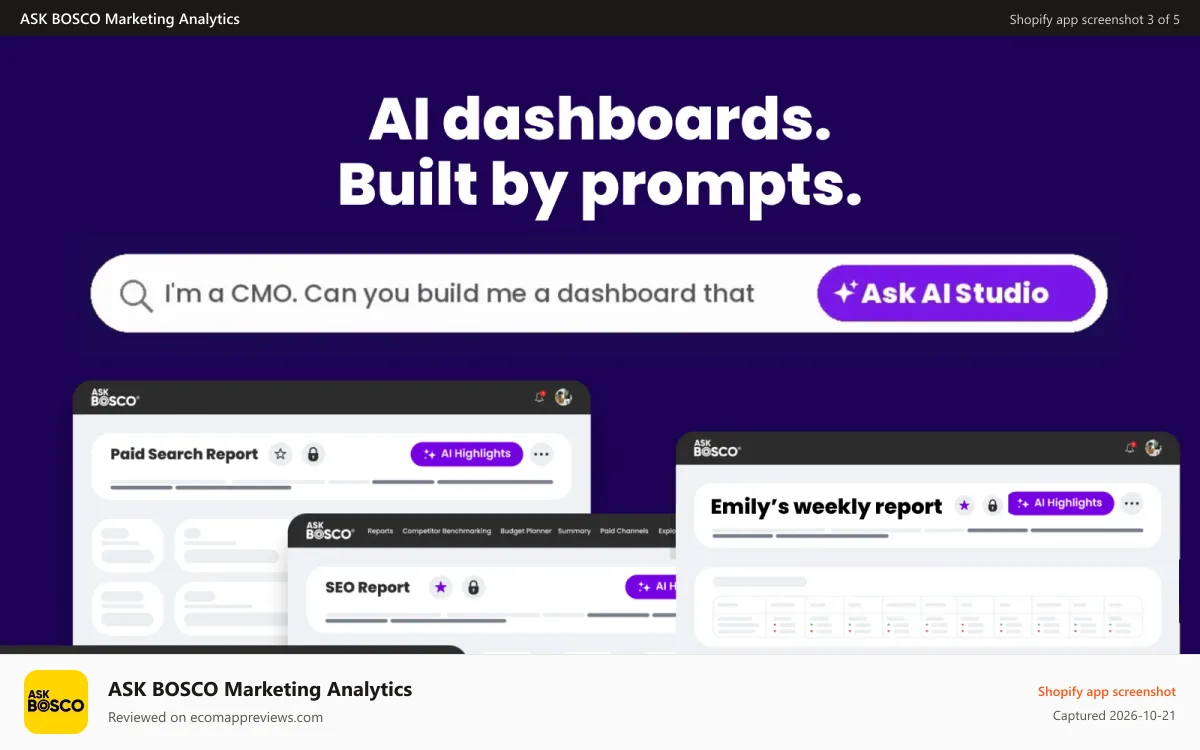 ASK BOSCO Marketing Analytics Shopify app screenshot: Pre-built reports or just describe the dashboard you want to see