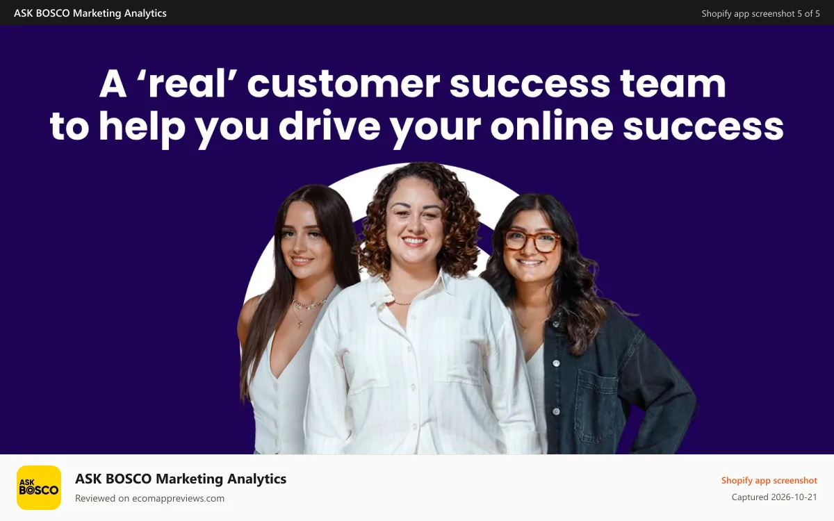 ASK BOSCO Marketing Analytics Shopify app screenshot: Experienced marketing and ecomm practitioners to support you.