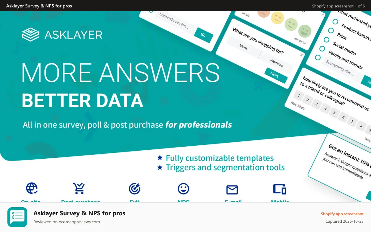 Asklayer Survey & NPS for pros Shopify app screenshot: Asklayer on-site popup, post-purchase and exit surveys