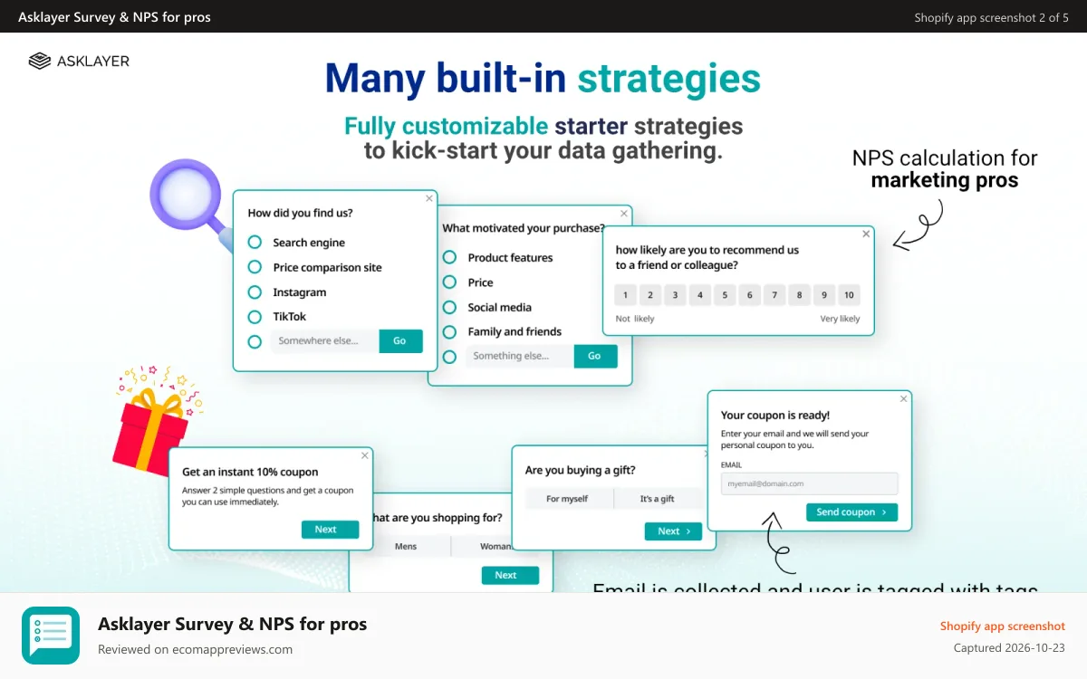 Asklayer Survey & NPS for pros Shopify app screenshot: Built-in survey strategies such as post-purchase and NPS