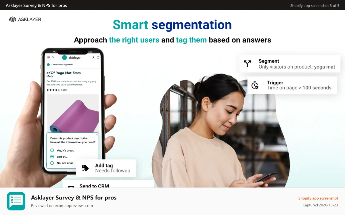 Asklayer Survey & NPS for pros Shopify app screenshot: Target surveys by page, product and customer with segment rules