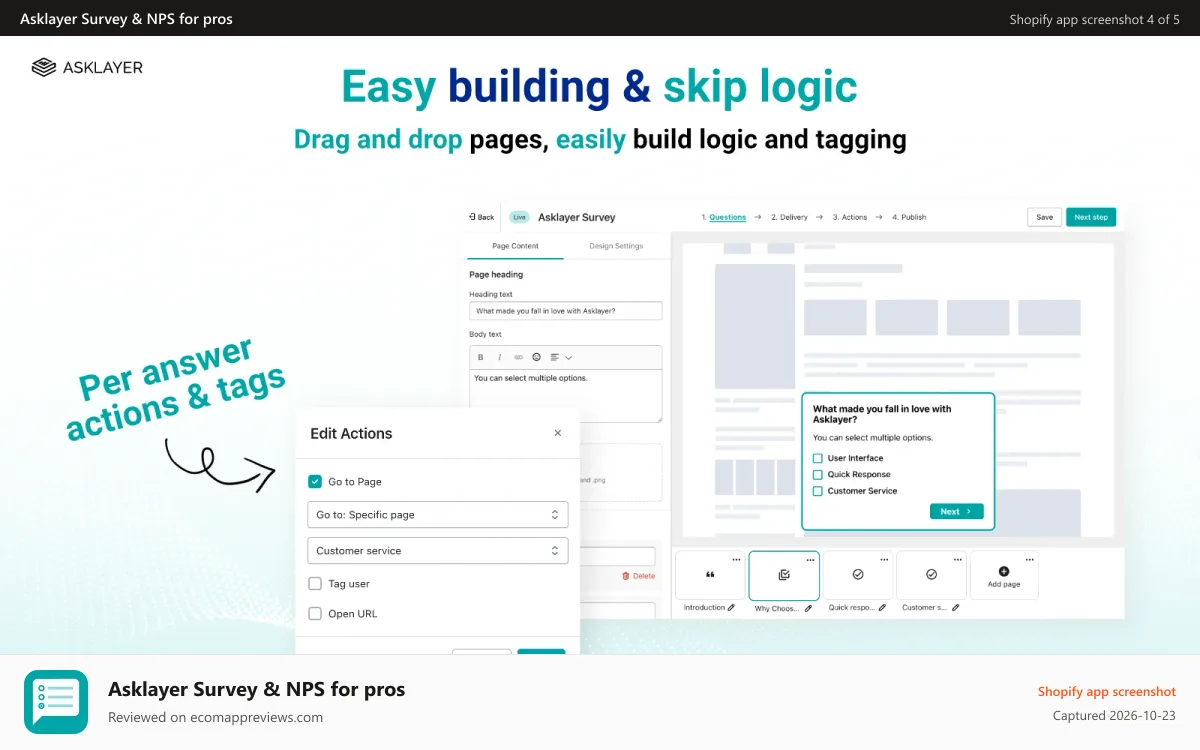 Asklayer Survey & NPS for pros Shopify app screenshot: Easy drag and drop builder with skip logic
