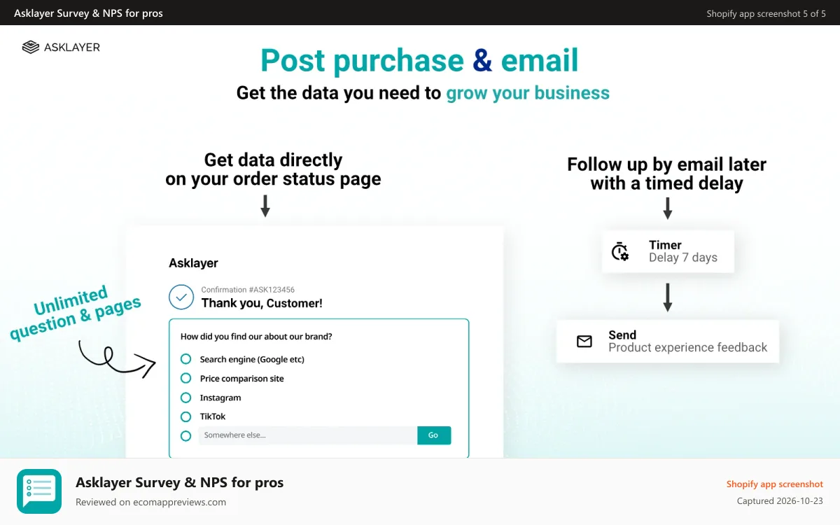 Asklayer Survey & NPS for pros Shopify app screenshot: Post-purchase and email followup surveys & questionnaires