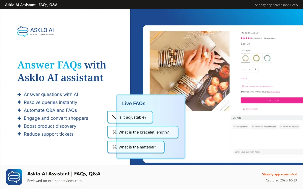 Asklo AI Assistant | FAQs, Q&A Shopify app screenshot: Asklo AI assistant answers product questions, queries, FAQ, Q&A
