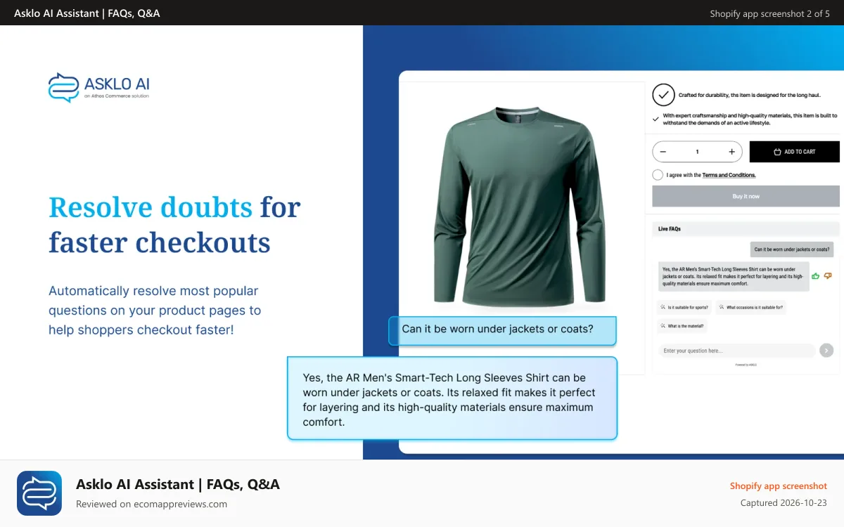 Asklo AI Assistant | FAQs, Q&A Shopify app screenshot: Resolve FAQs to help shoppers checkout