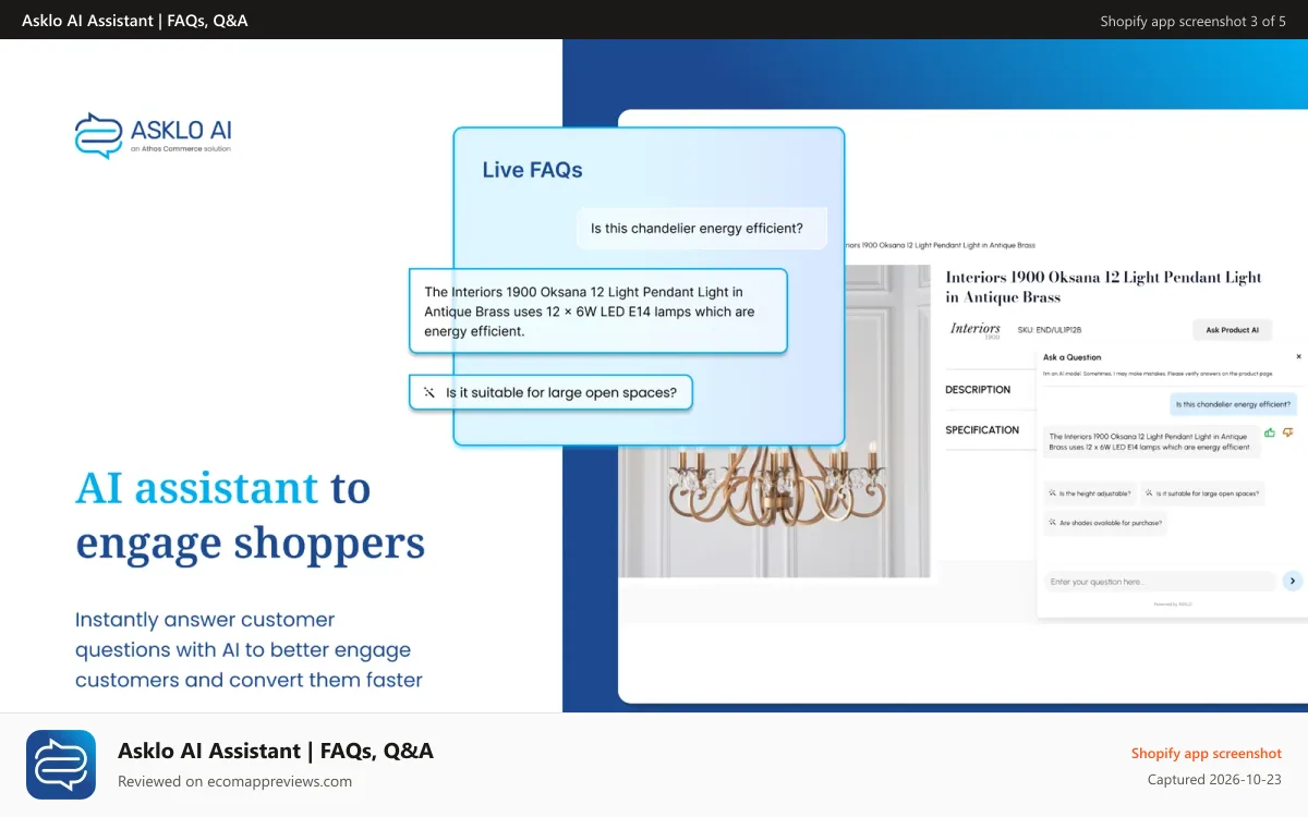 Asklo AI Assistant | FAQs, Q&A Shopify app screenshot: AI assistant to engage shoppers