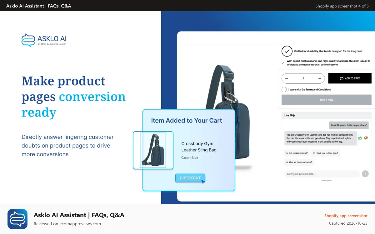 Asklo AI Assistant | FAQs, Q&A Shopify app screenshot: Make product pages conversion ready