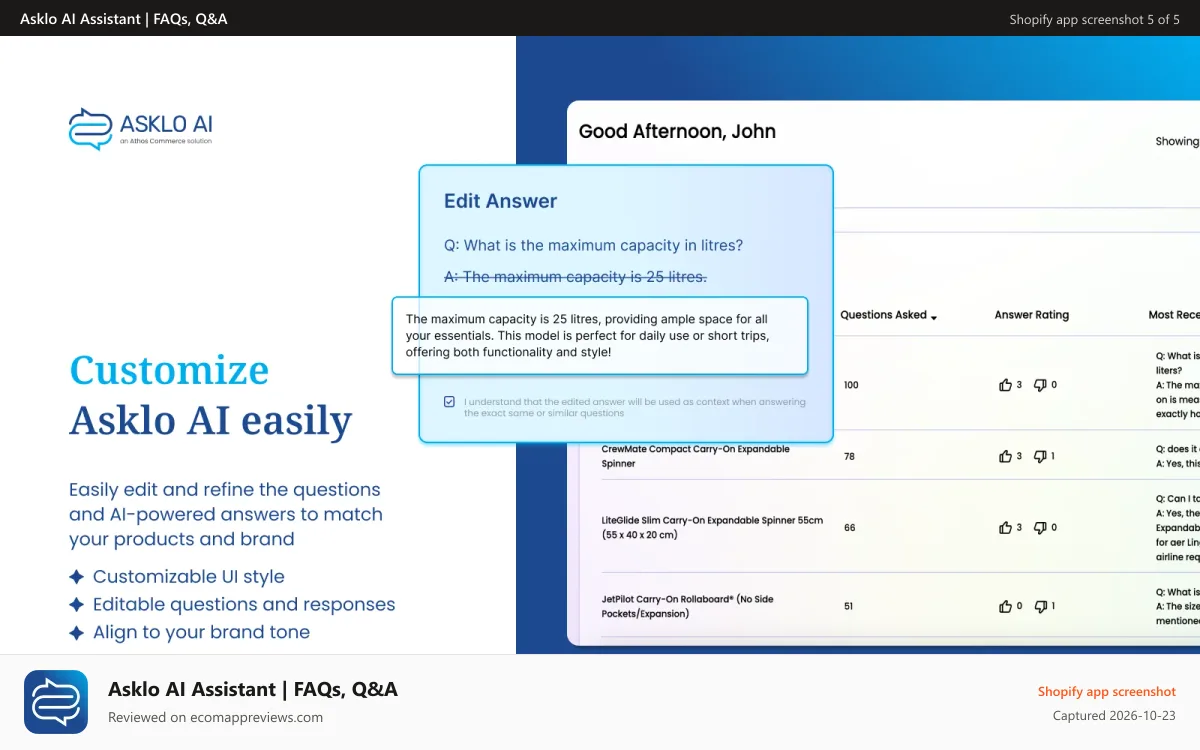 Asklo AI Assistant | FAQs, Q&A Shopify app screenshot: Customize Asklo AI easily