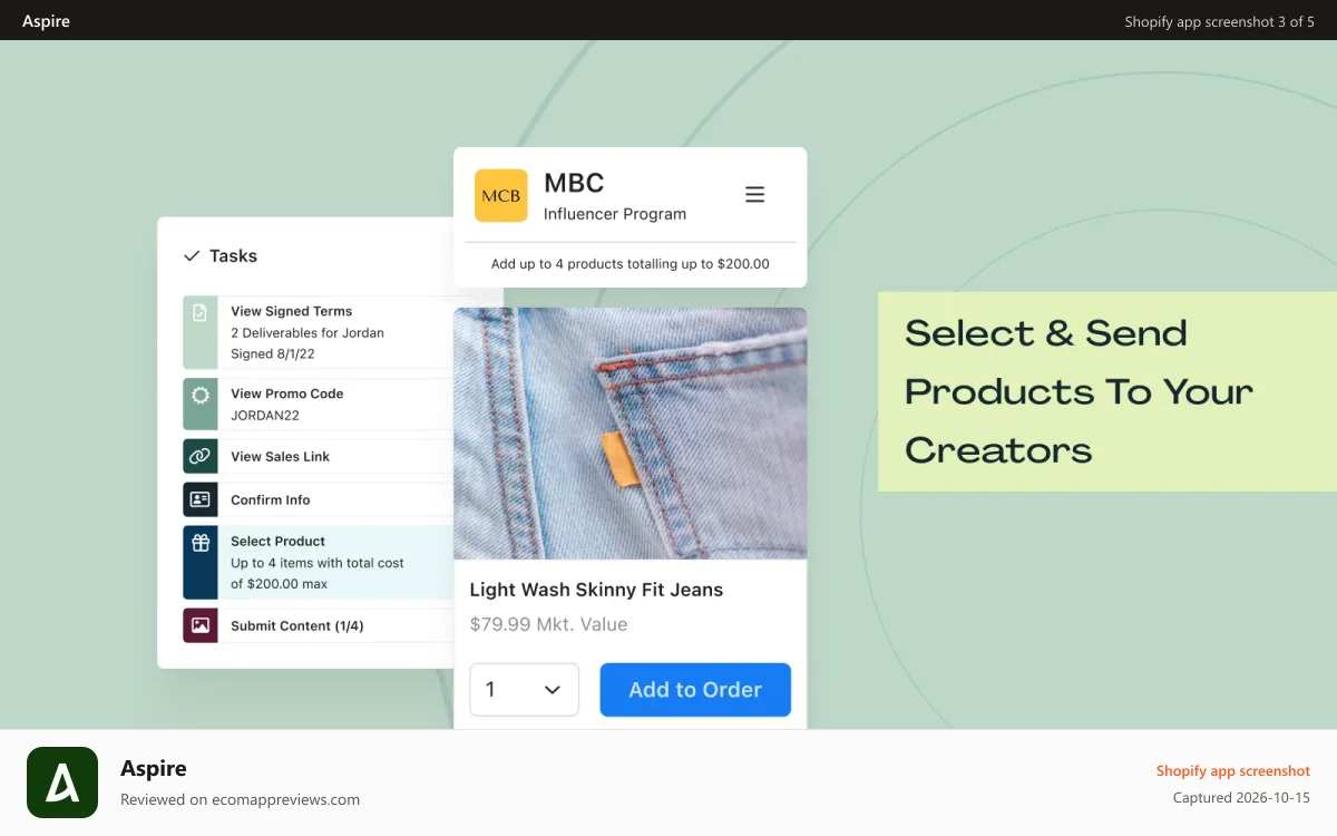 Aspire Shopify app screenshot: Select & send products to your creators