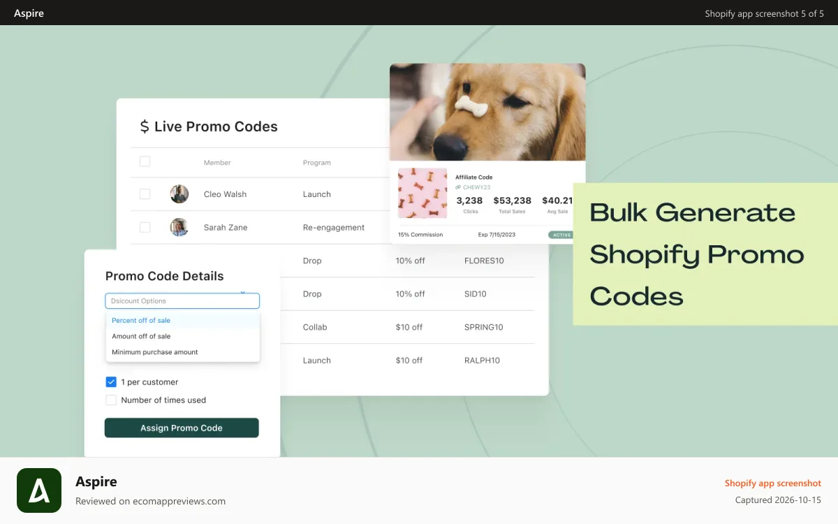 Aspire Shopify app screenshot: Bulk generate shopify promo codes