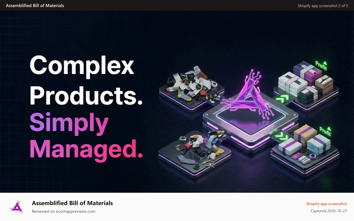 Assemblified Bill of Materials Shopify app screenshot: Complex Products. Simply Managed.