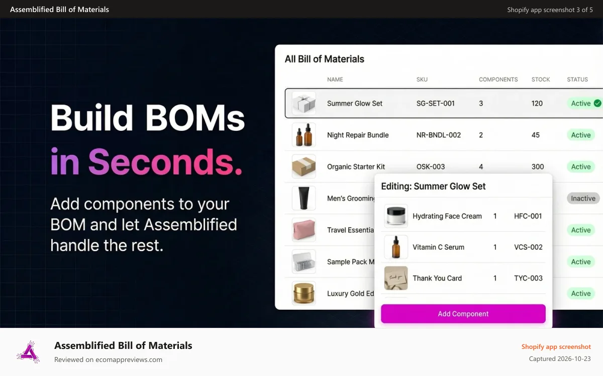 Assemblified Bill of Materials Shopify app screenshot: Build BOMs in Seconds