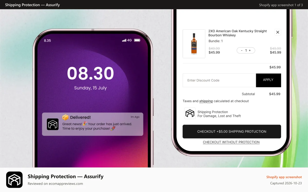 Shipping Protection — Assurify Shopify app screenshot: Assurify Shipping Protection app checkout showing order summary