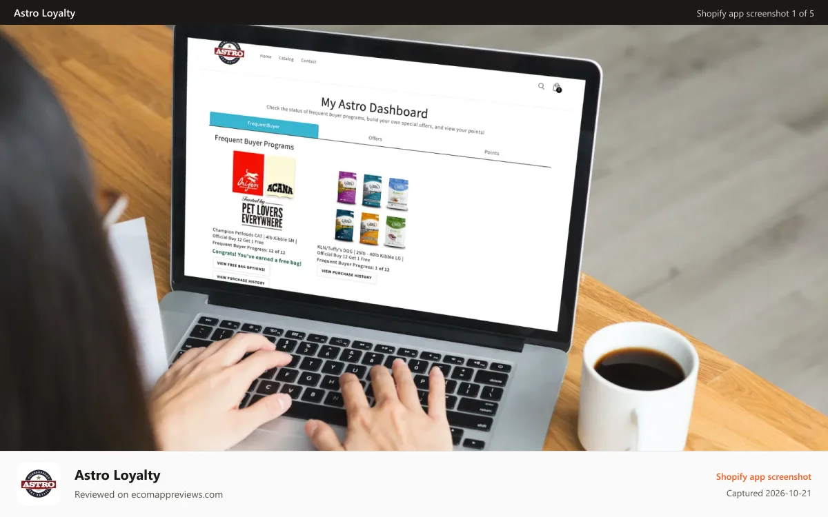 Astro Loyalty Shopify app screenshot: An integration with Astro Loyalty for Shopify Pet Retailers
