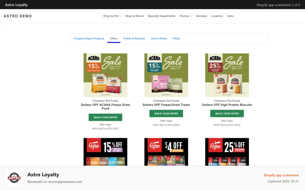 Astro Loyalty Shopify app screenshot: Offers cards
