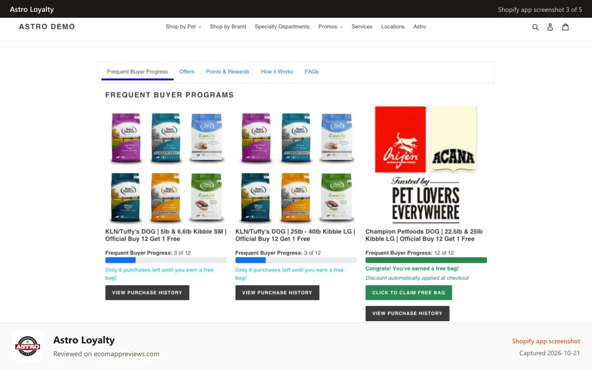 Astro Loyalty Shopify app screenshot: Frequent buyer cards