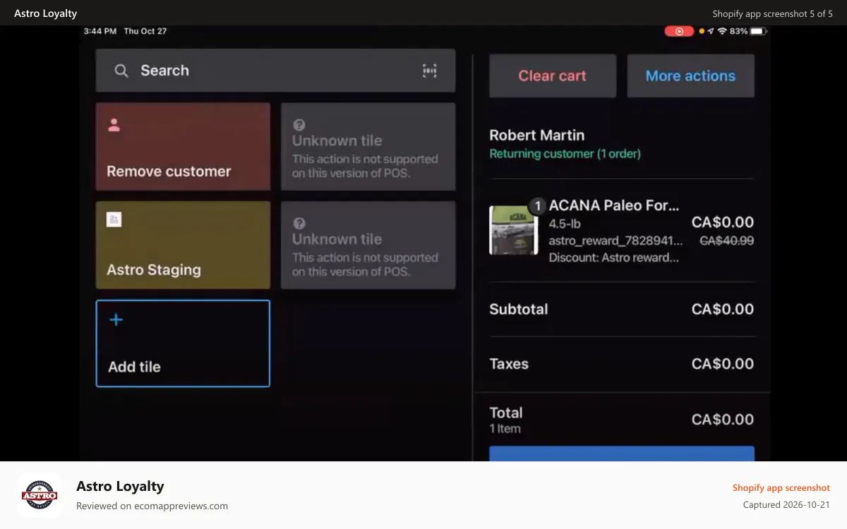 Astro Loyalty Shopify app screenshot: POS demo