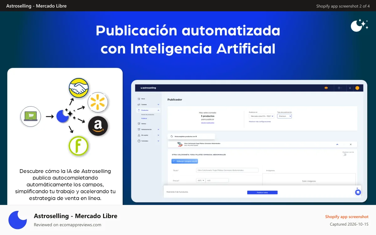 Astroselling ‑ Mercado Libre Shopify app screenshot: Automated Publishing with Artificial Intelligence