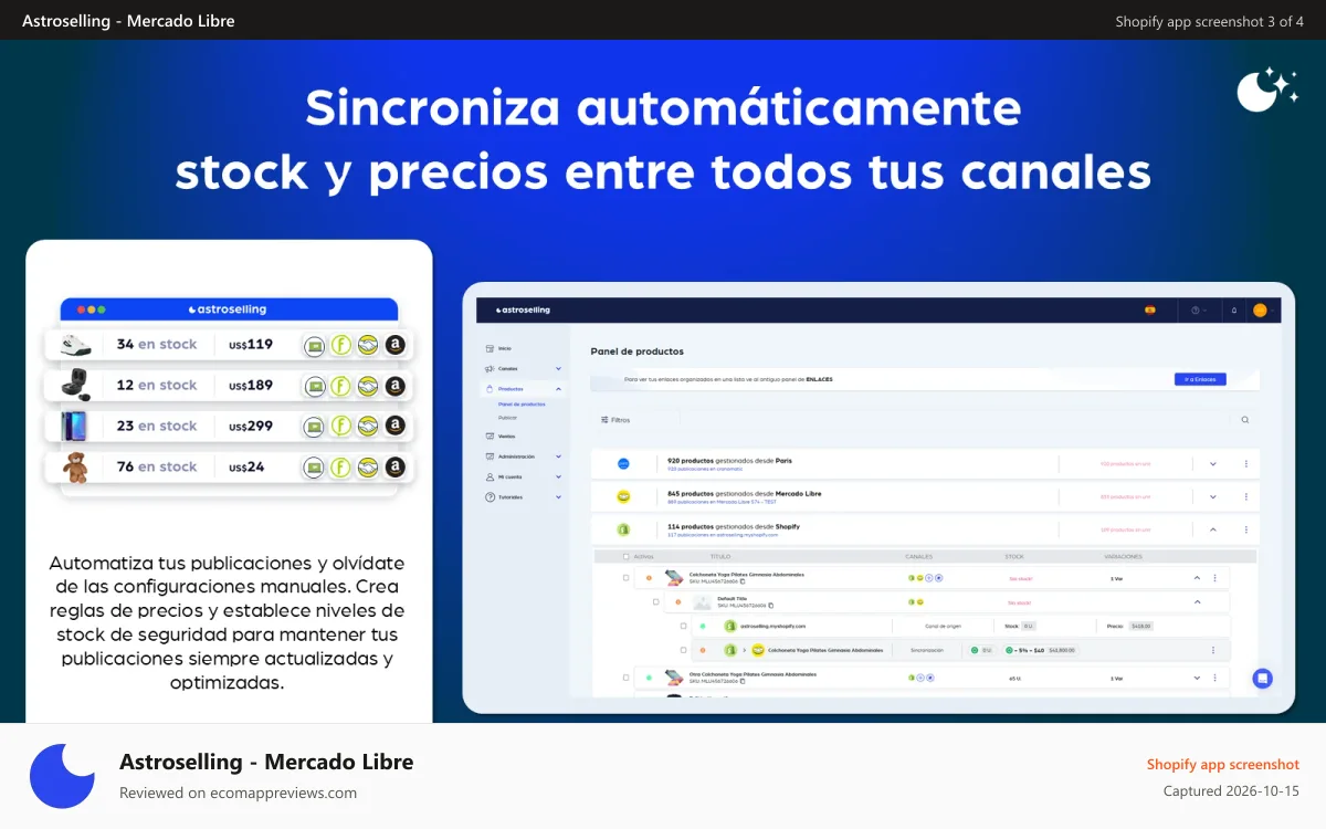 Astroselling ‑ Mercado Libre Shopify app screenshot: Synchronize Stock and Prices Across All Your Channels