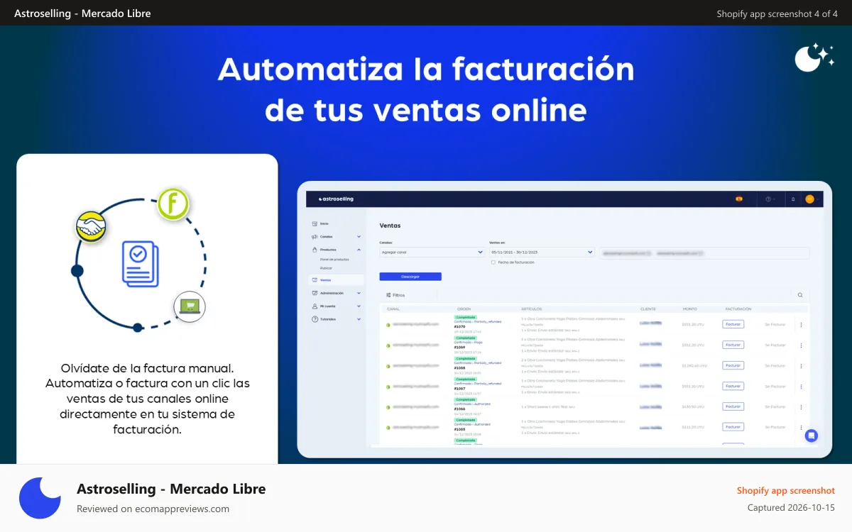 Astroselling ‑ Mercado Libre Shopify app screenshot: Automate the Billing of Your Online Sales