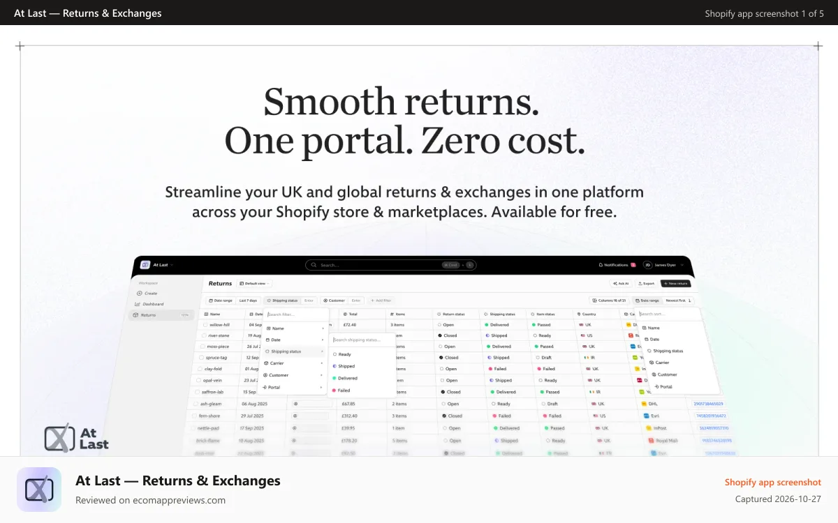 At Last — Returns & Exchanges Shopify app screenshot: At Last returns & exchanges — free, multi-channel, UK and global