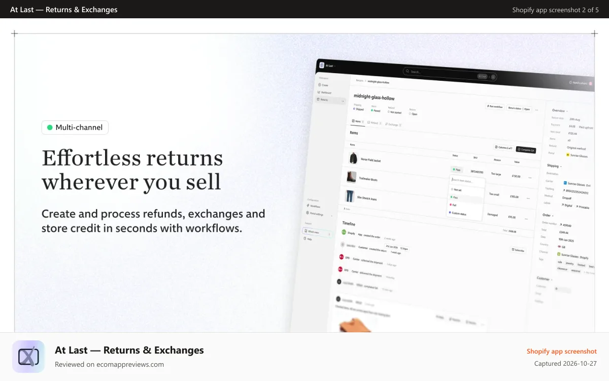 At Last — Returns & Exchanges Shopify app screenshot: Process returns from Shopify and marketplaces with workflows