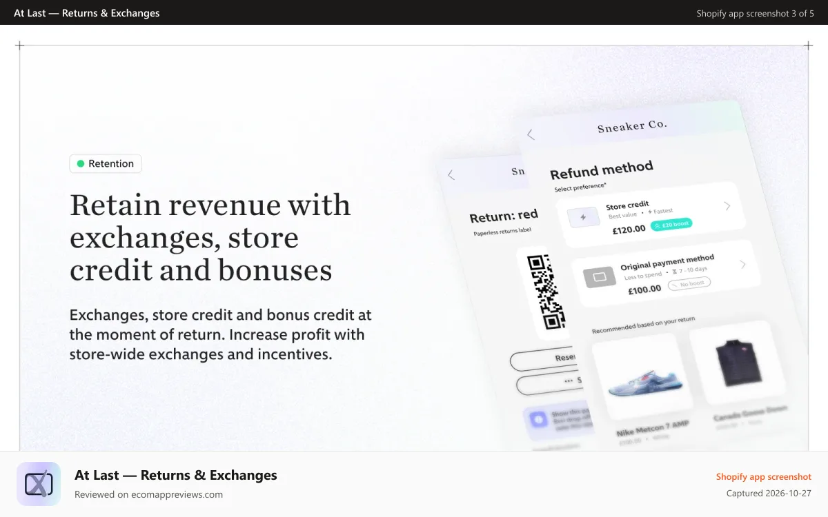 At Last — Returns & Exchanges Shopify app screenshot: Exchanges, store credit and bonuses at point of return