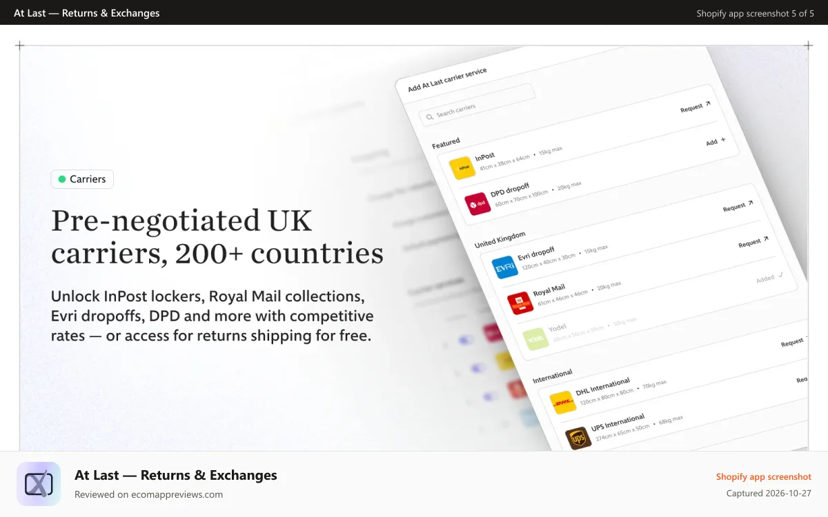At Last — Returns & Exchanges Shopify app screenshot: UK carriers: InPost, Royal Mail, Evri, DPD + 200 countries