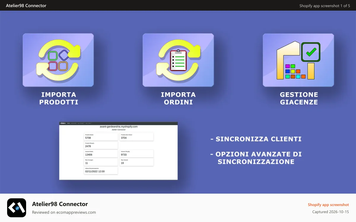 Atelier98 Connector Shopify app screenshot: info_freatures
