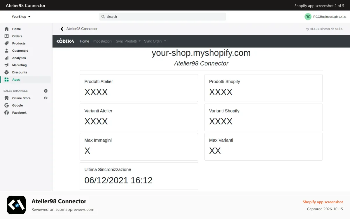 Atelier98 Connector Shopify app screenshot: Dashboard