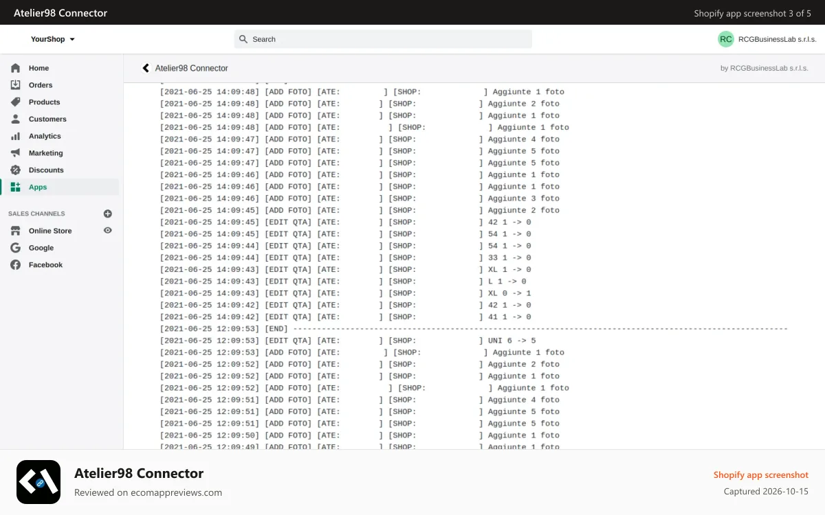 Atelier98 Connector Shopify app screenshot: log sincronizzazione