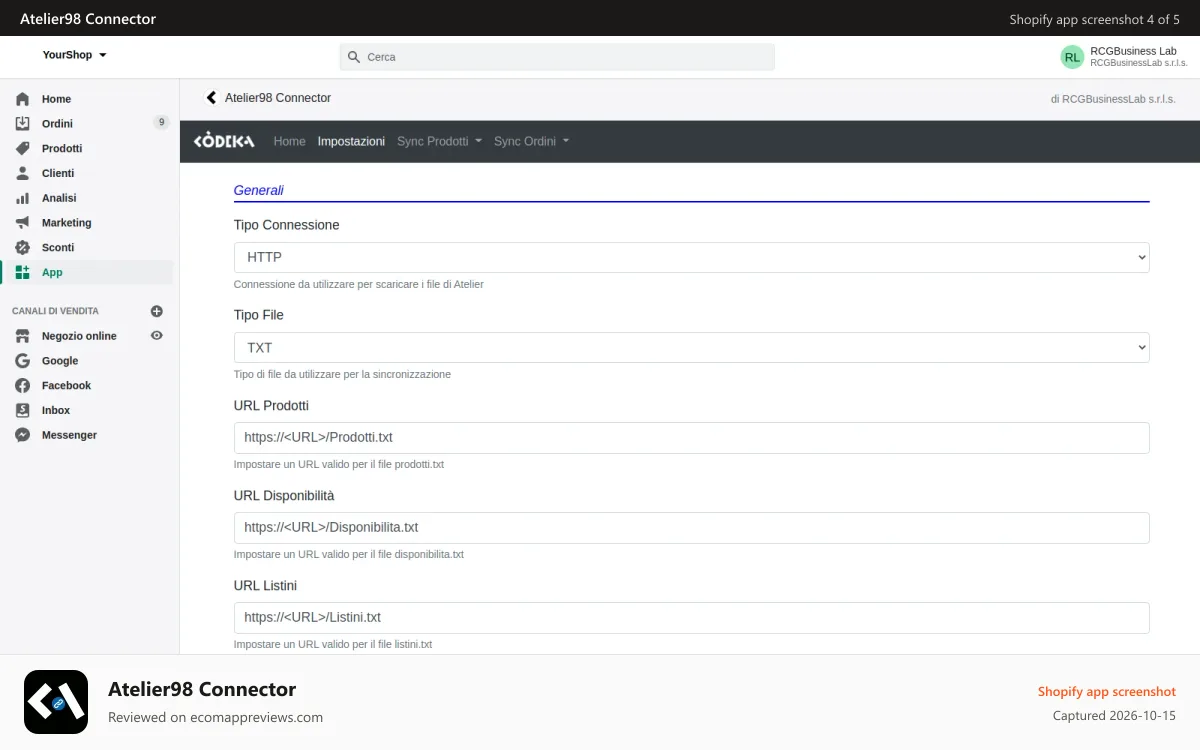Atelier98 Connector Shopify app screenshot: Impostazioni