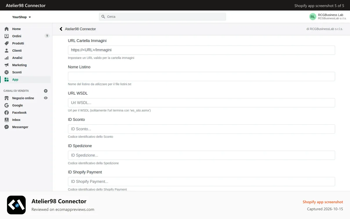 Atelier98 Connector Shopify app screenshot: Impostazioni 2