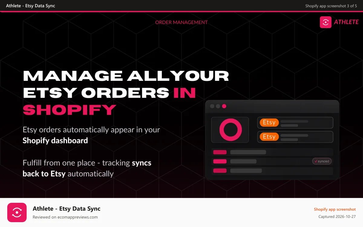 Athlete ‑ Etsy Data Sync Shopify app screenshot: Manage all Etsy orders directly in your dashboard