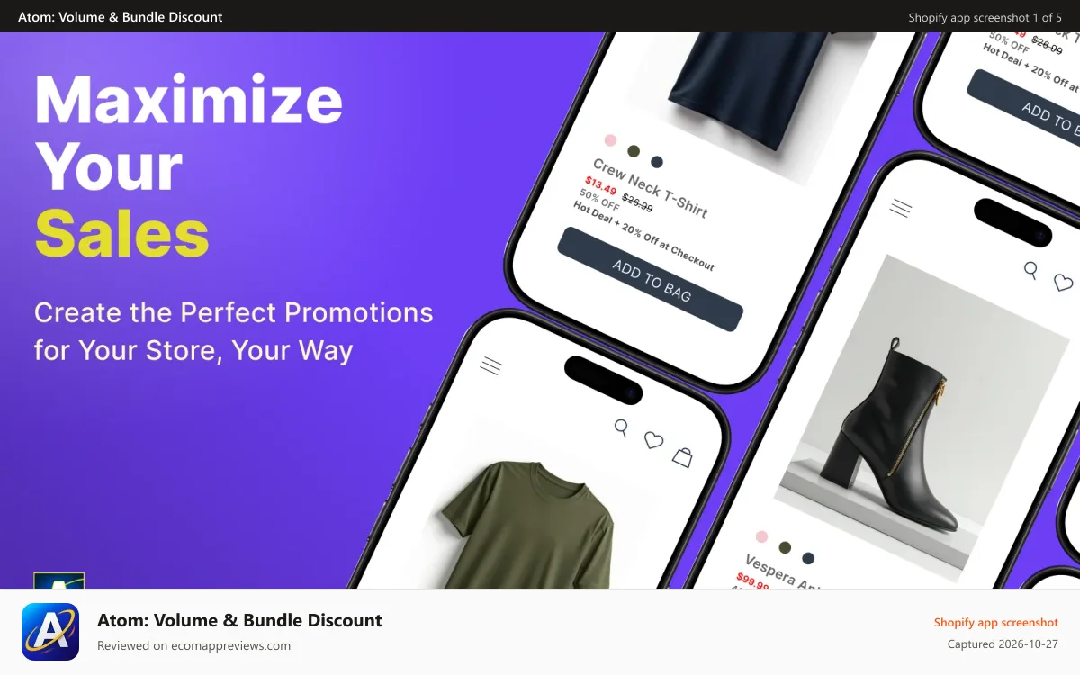 Atom: Volume & Bundle Discount Shopify app screenshot: Atom Commerce All-In-One Promotion Engine: