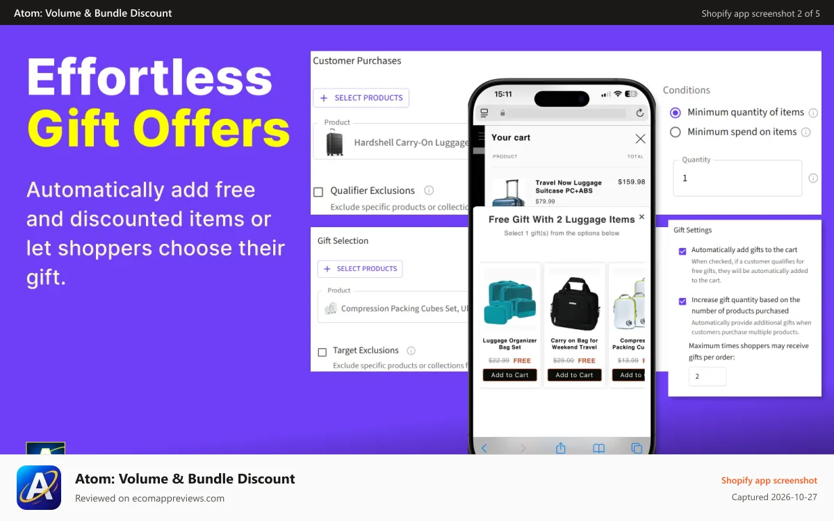 Atom: Volume & Bundle Discount Shopify app screenshot: Effortless Gift Offers