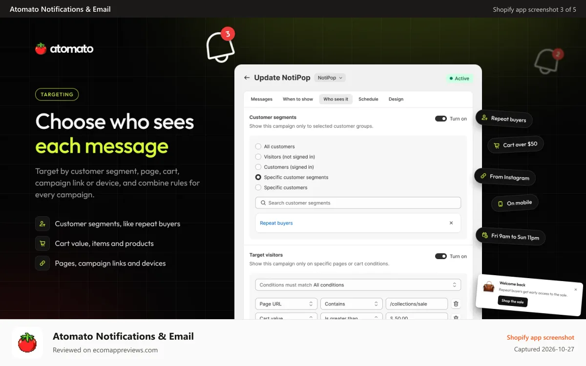 Atomato Notifications & Email Shopify app screenshot: Capture email and SMS inside the feed, sync to your ESP