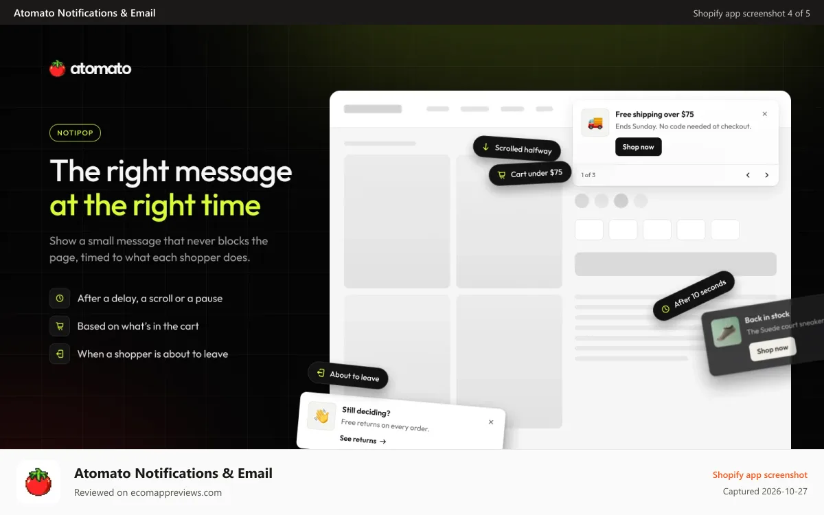 Atomato Notifications & Email Shopify app screenshot: Product cards with add to cart right in the feed