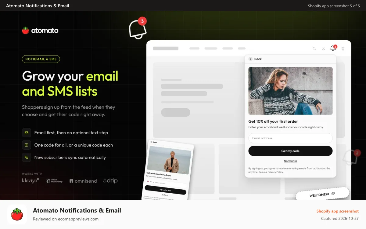 Atomato Notifications & Email Shopify app screenshot: Small toasts for offers. The feed stays the home base.