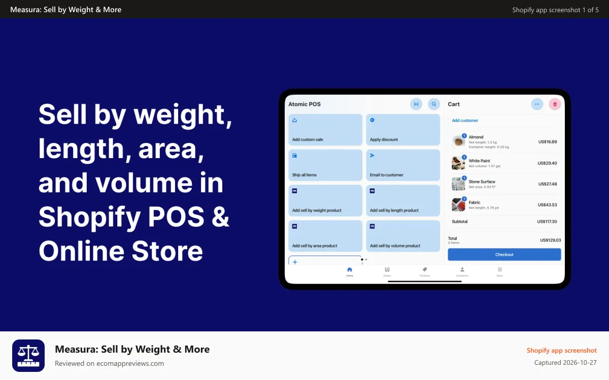 Measura: Sell by Weight & More Shopify app screenshot: Sell by weight, length, area, and volume in Shopify POS & Web
