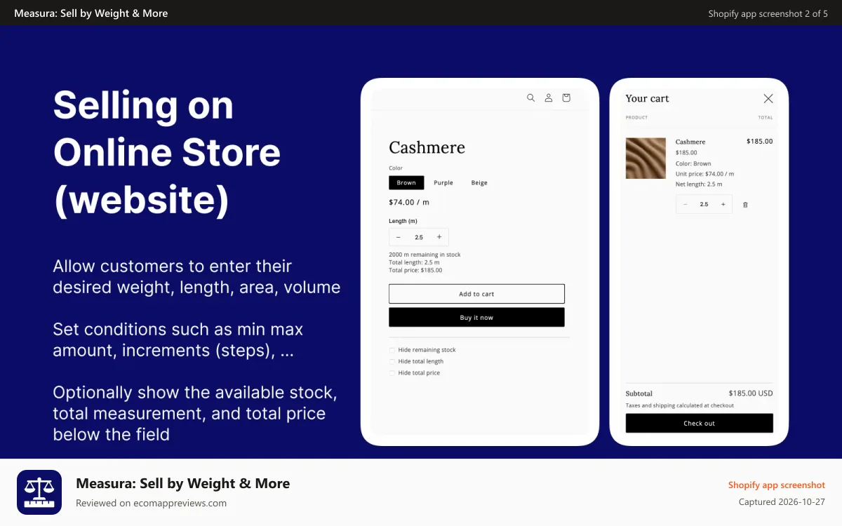 Measura: Sell by Weight & More Shopify app screenshot: Sell by measurement in online store