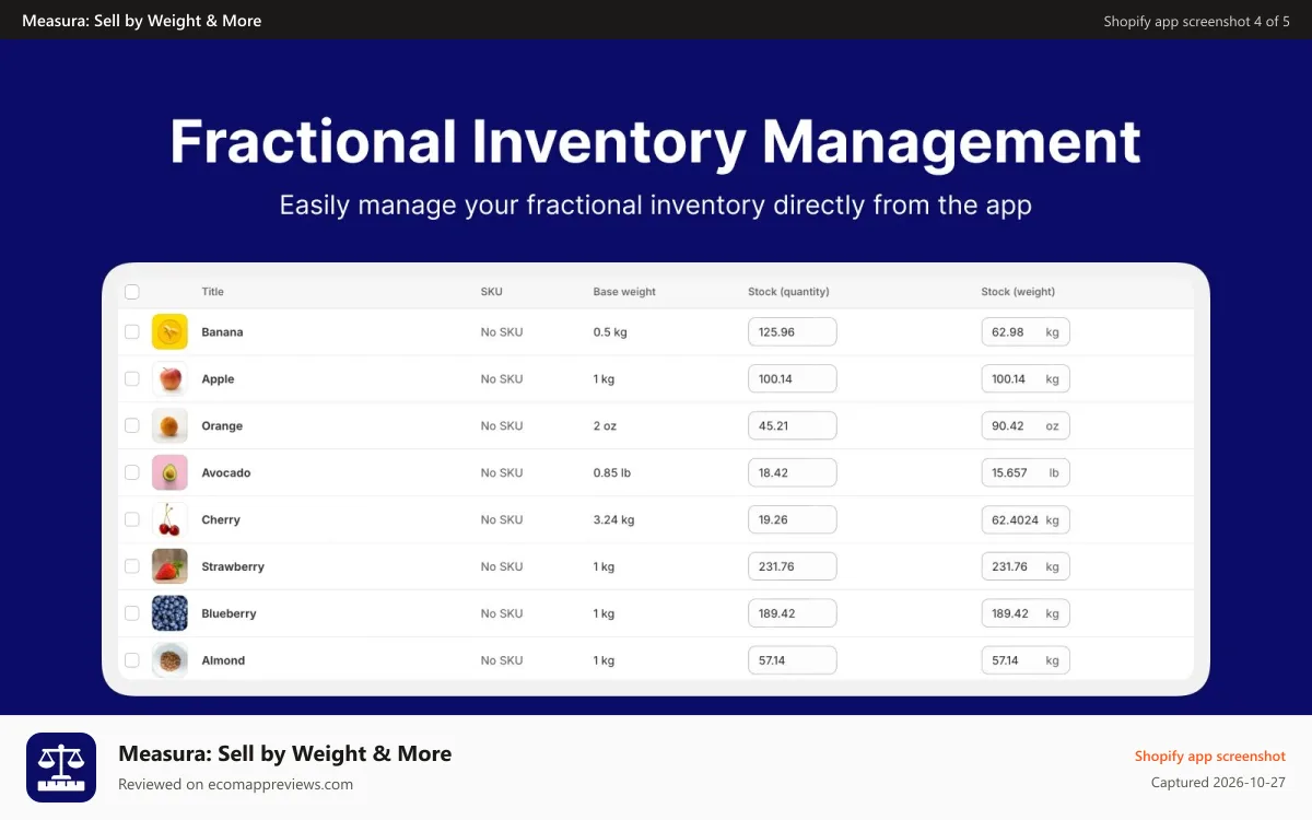 Measura: Sell by Weight & More Shopify app screenshot: Fractional inventory management preview