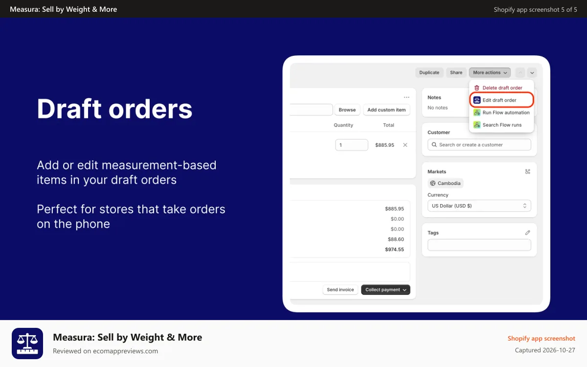 Measura: Sell by Weight & More Shopify app screenshot: Add and edit items in draft orders