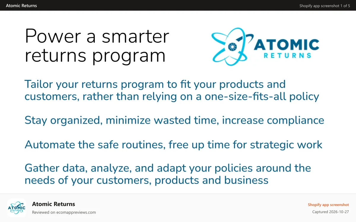 Atomic Returns Shopify app screenshot: Key features also listed at atomicreturns.com